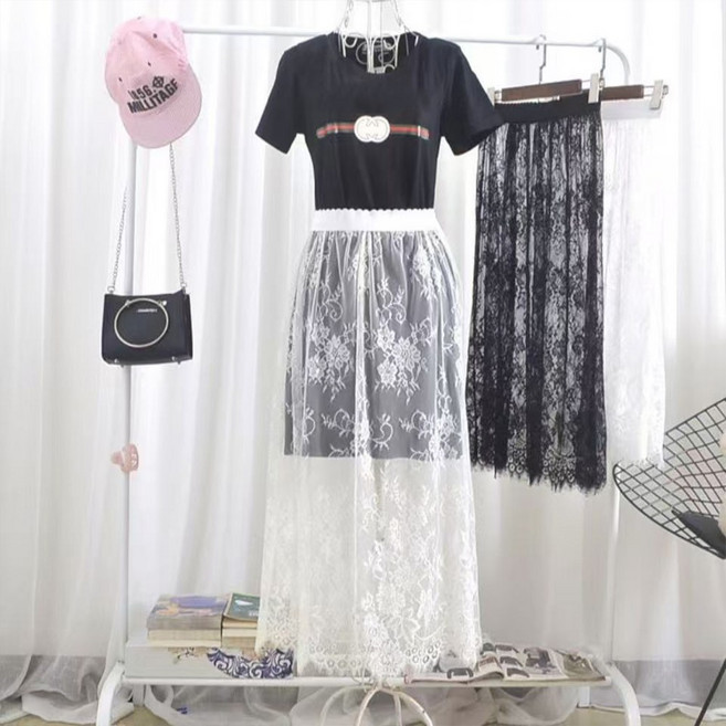 HAITUA 시스루 레이어드 스커트 꽃자수 레이스 A라인 랩 롱스커트 빅 사이즈 2종세트