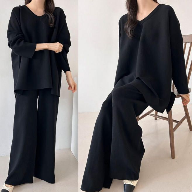 러브포텐 빅사이즈 여성 브이넥 니트 상하세트 봄 가을 오버핏 와이드팬츠 V넥 긴팔롱티 투피스세트 루즈핏 데일리 트레이닝복세트