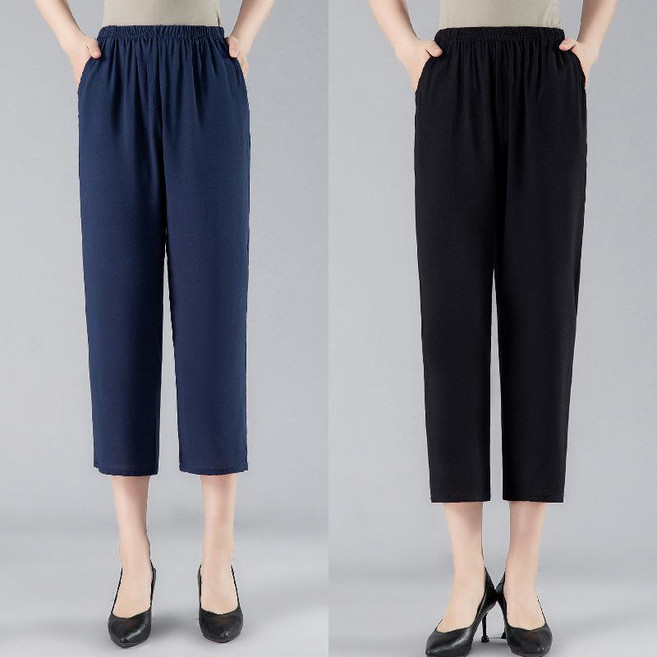 메인워크 1+1 중년 여성 빅사이즈 7부 바지 여름 엄마룩 허리 밴딩 캐주얼 일자핏 스판 와이드핏 냉장고 쿨링 루즈핏 팬츠 2매입