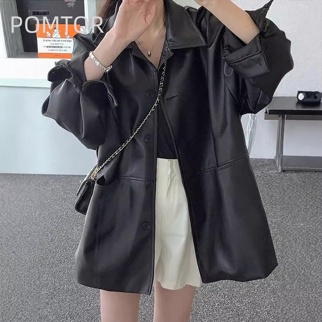 POMTOR 여성 달콤하고 시크한 라이더 재킷 오버핏 가죽 재킷