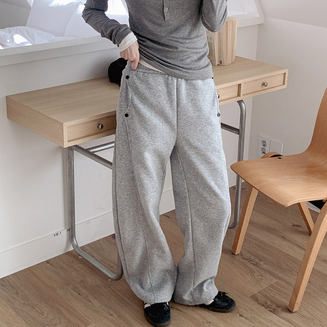 사계절+겨울 기모 가능한 여성 커브드 와이드 팬츠 사선절개 단추 포켓