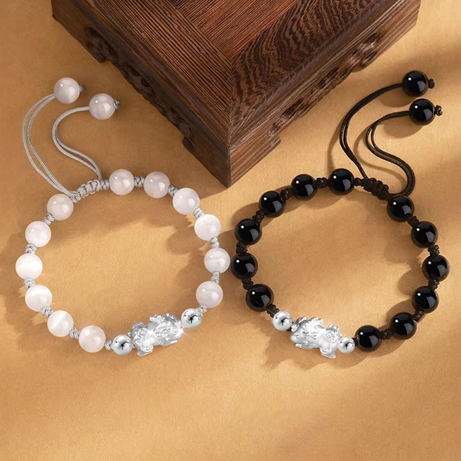 8mm 아기 비휴 여원 마노 팔찌 천연석 소원 염주 행운 호안석 가넷 옥 흑요석 부적 액막이 오닉스 흑마노 백마노 은볼