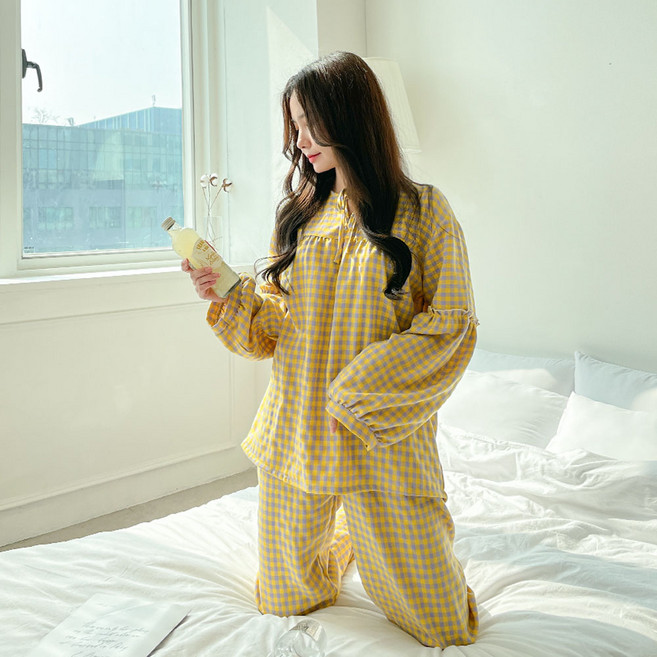 어나더디 여성용 긴팔 쁘띠 리본체크 잠옷 상하의 세트