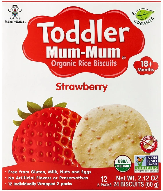 Hot Kid 토들러 Mum-Mum® 유기농 쌀 비스킷 생후 18개월 이상 딸기 12팩 각 비스킷 2개 Kid (핫키드) - 쿠팡