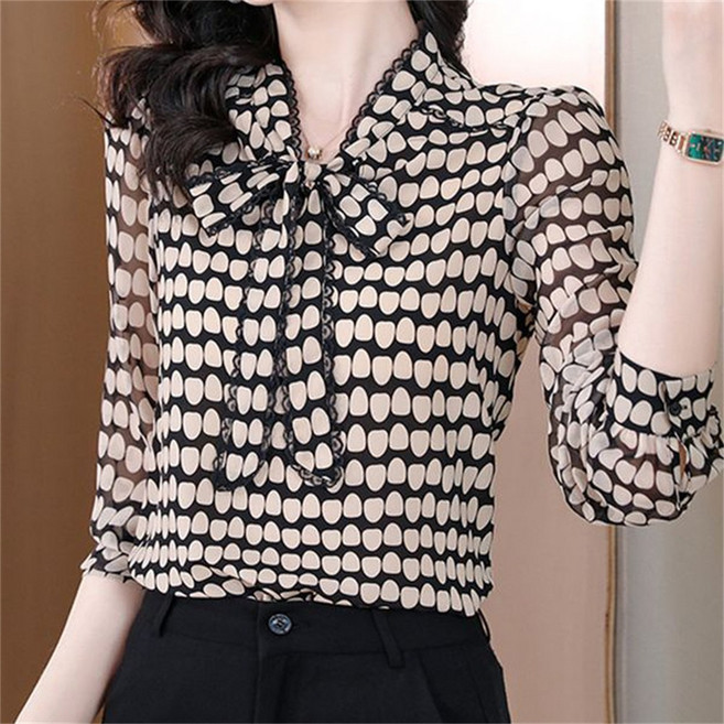 TKX 여성 봄 가을 패션 얇은 블라우스 도트 프린트 패턴 리본 타이 중년여성 데일리룩 KC69