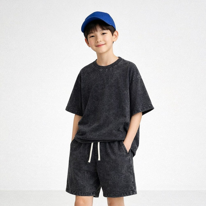 지디오 주니어 워싱 상하 세트 반팔 티셔츠 밴딩 반바지 순면 남아 여아 여름 상하복 빈티지 스톤워싱 라운드넥 반팔티 쇼츠 팬츠