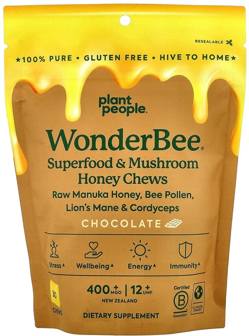 Plant People wonderBee® 슈퍼 푸드 및 버섯 허니 츄 초콜릿 츄 30개, 1 - 쿠팡