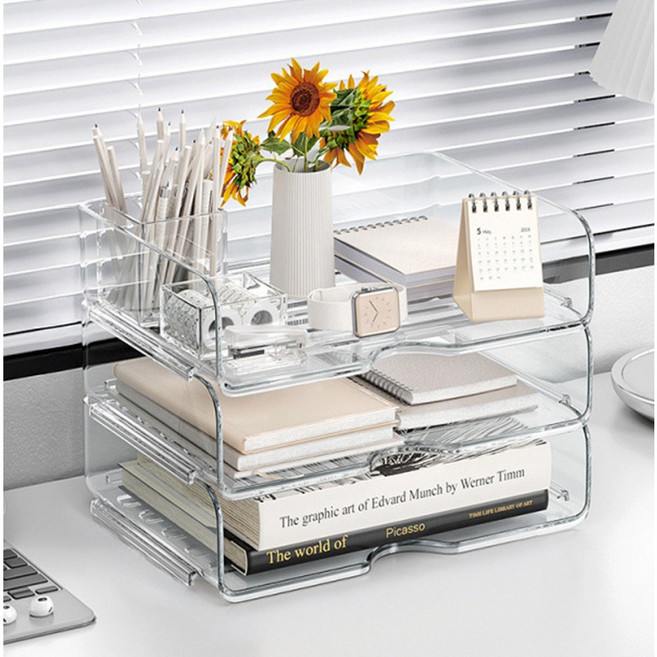 하우쏠 깔끔한 책상정리함 A4 서류정리함, 3단, 투명