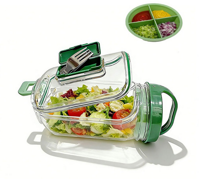 이호무 휴대용 샐러드 용기 다이어트 도시락 런치팟 포크 세트 헬스 과일 샐러드 도시락통, 1개, 초록색