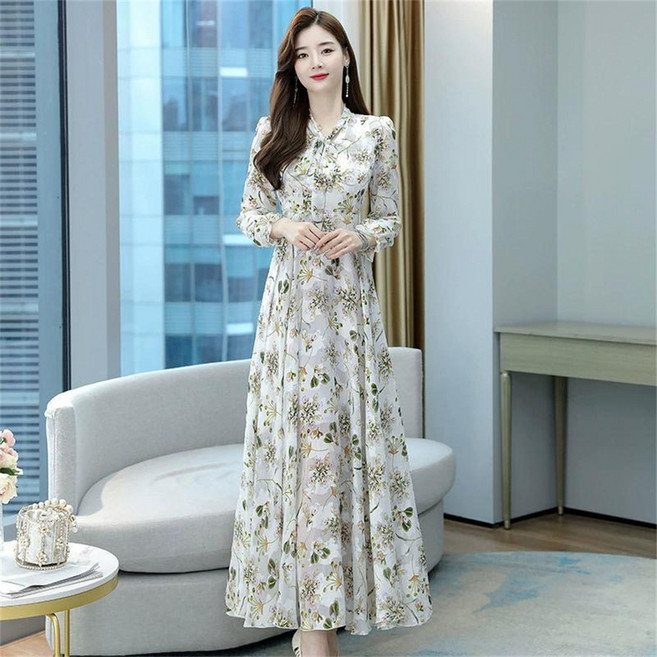 TKX 여성용 긴팔 플로랄 맥시 드레스 봄 가을 우아한 부드러운 소재 여성스러운