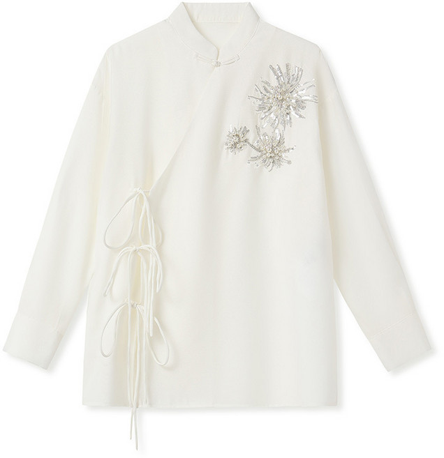 【國風提花】新中式襯衫 氣質襯衫 春季上衣 國風上衣 立領側開叉 高端桑蠶絲 繫帶設計 通勤日常穿搭