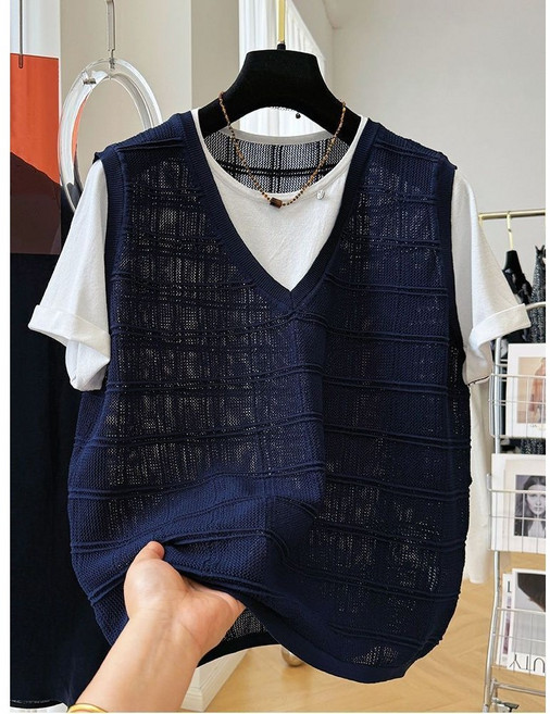 여성 고급스러운 쿨링 레이어드 반팔 니트티 루즈핏 오버핏 반팔 티셔츠 가짜 투피스