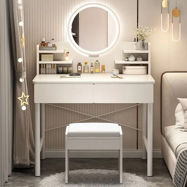 Sonipure 화장대 다용도 수납 +화장 거울 침실 스탠드 소형 화장대, 화이트 (LED 포함)
