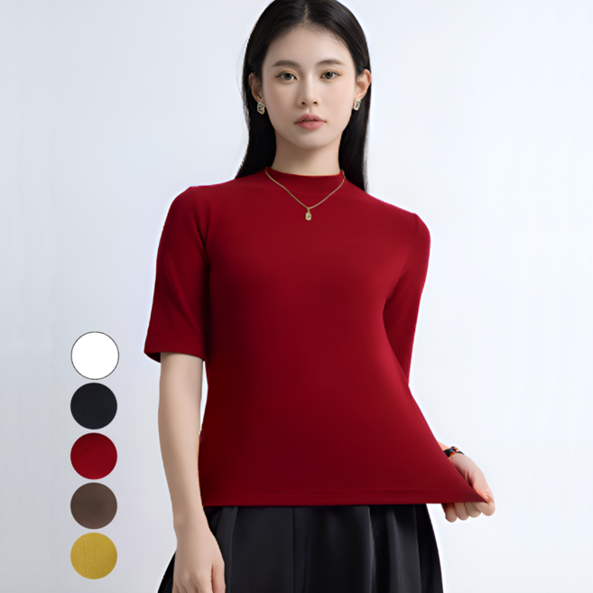 여성 여름 슬림 스판 라운드 기본 반팔티 반목