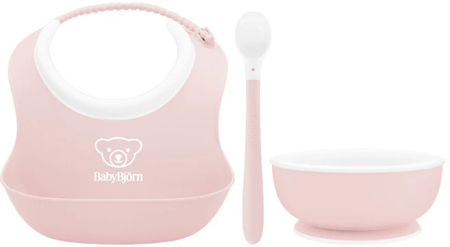 베이비뵨 베이비 유아용 이유식 3종 파우더핑크 피딩세트 턱받이 빕 (스몰) 스푼 볼 그릇, 1세트, 스몰베이비빕+아기용그릇+피딩스푼 - 쿠팡