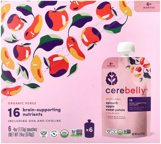 Cerebelly 유기농 퓨레 6개월 이상 시금치 사과 고구마 파우치 6개 각 113g(4oz) Cerebelly (세레벨리), 6 개 - 쿠팡