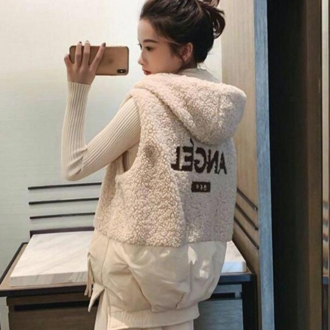 여성 트임 뽀글이 후리스 후드 패딩 조끼 여자 레터링 플리스 조끼 베스트 가을 겨울