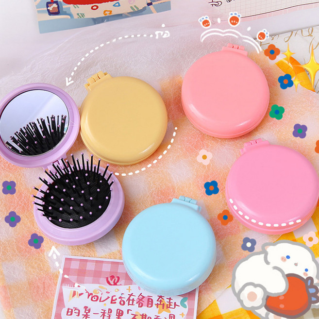 손거울 머리빗 컴팩트 거울 빗 휴대용 헤어브러쉬, 1개, 화이트