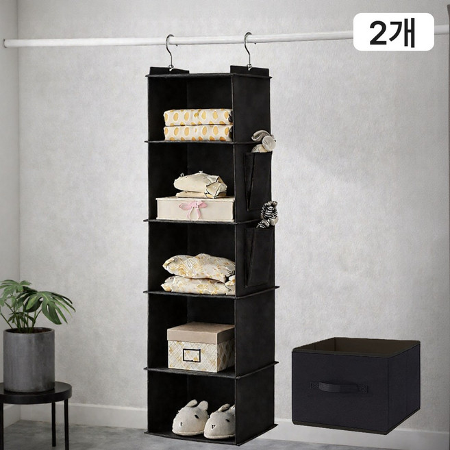 행잉 오거나이저 5단 옷장 정리 서랍형 수납함, 블랙, 2개