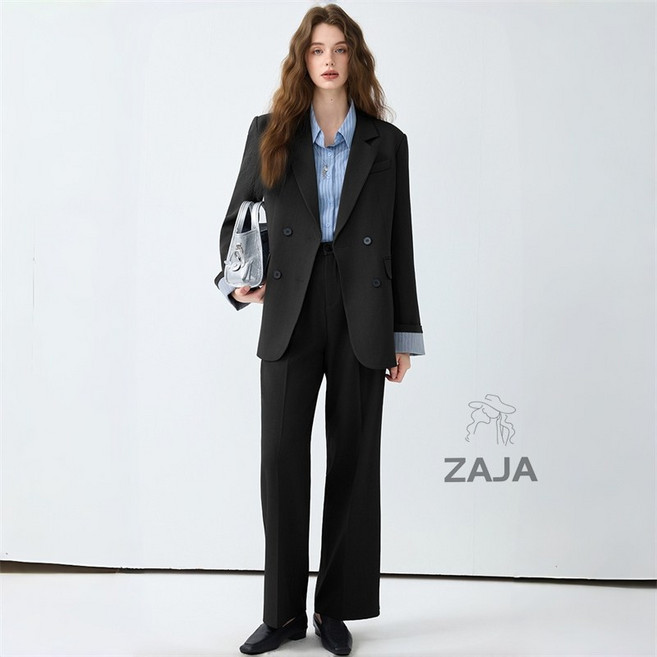 ZAJA 여성 바지 정장 세트 루즈핏 오피스룩 정장+와이드 팬츠 투피스 면접룩