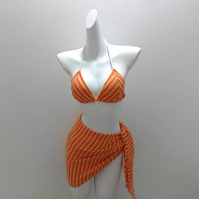 橘色條紋掛脖綁帶比基尼泳衣 三件套 韓國ins風 度假風, 1個, 桔色三件套XL