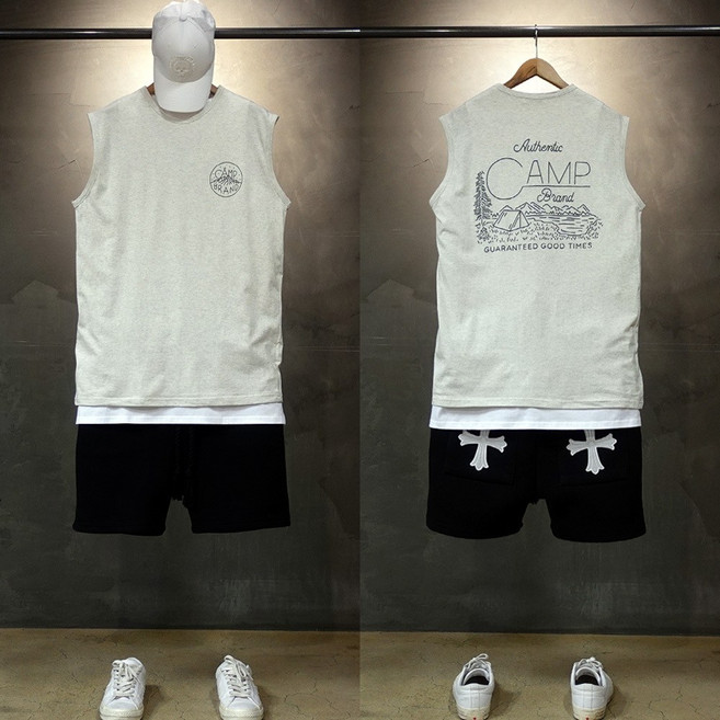 오버홀릭 세미 오버핏 캠프 빈티지 나시 티 남성 데일리룩 남자 민소매 면 박스 여름 커플 시밀러룩