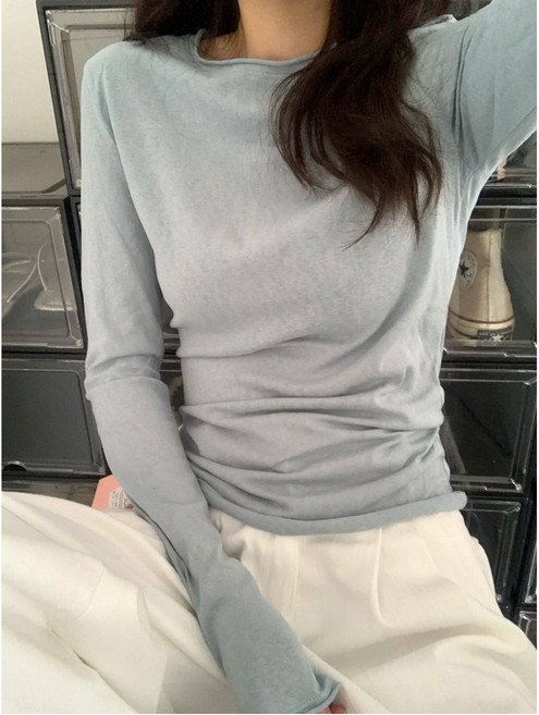무니유유 텐셀 만능 데일리 무지 찰랑 기본 라운드 냉감 쿨 긴팔 티셔츠