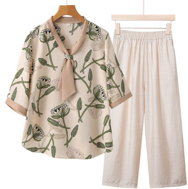AOKADA중년 여성 루즈핏 반팔 타이 블라우스 일자 바지 엄마 할머니 여름옷 캐주얼 투피스 세트