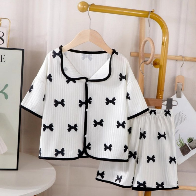 구빠방 아동 리본 패턴 반팔 잠옷 파자마 홈웨어 투피스