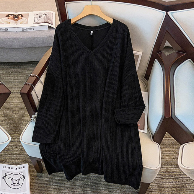 아웃사이즈 OA5529 빅사이즈 여성용 루즈핏 단색 V넥 주름 긴팔 니트 티셔츠