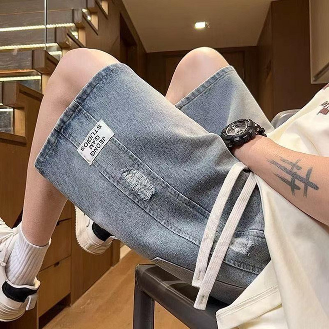 牛仔短褲男款夏季薄款美式高街寬鬆直筒五分褲