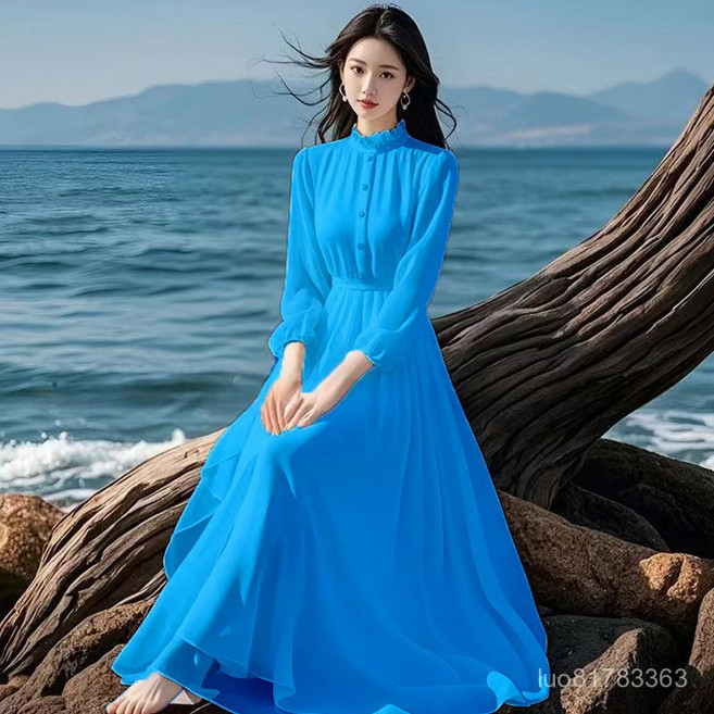 Yellwell 여성 시폰 롱 원피스 고급스러운 프릴넥 데이트룩 봄 여름 쉬폰 드레스LZZ