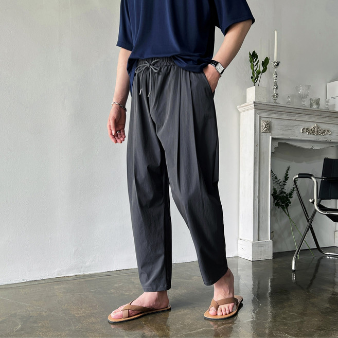 웨일즈 전체스판 쿨 아이스 핀턱 와이드 크롭 밴딩 팬츠 바지 (3 Colors) 28~38