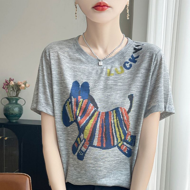 Makone 여성 반팔 티셔츠 얼룩말 프린트 라운드넥 여름 반소매 티 데일리룩