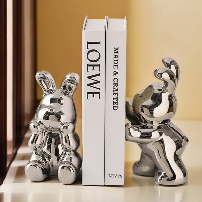 미니포커스 세라믹 토끼 북엔드 오브제 장식 27, 실버+실버