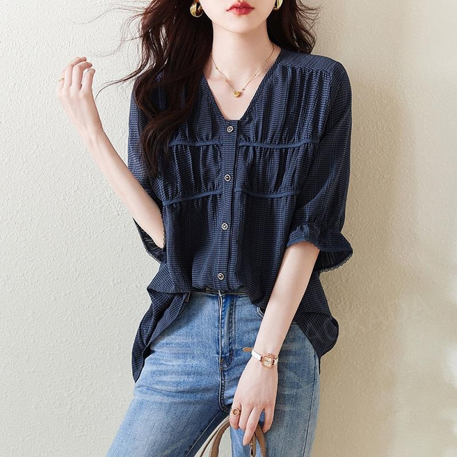 AOKADA 여성 여름 루즈핏 텐셀 브이넥 반팔 셔츠 블라우스 데일리룩