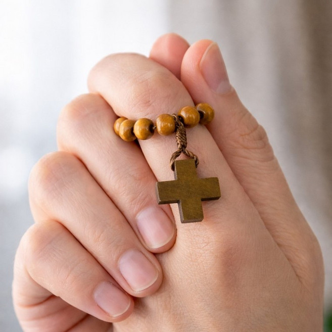 천주교 손가락 십자가 원목 묵주, 1개, 베이지