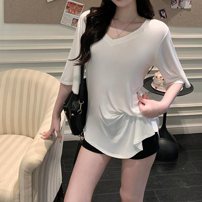 라라홀리 딥 브이넥 섹시핏 루즈 찰랑 반팔 티셔츠