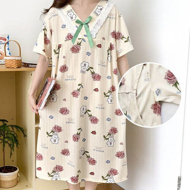 임산부 잠옷 원피스 여름 홈웨어 편안한 면마 혼합 소재 레이스 브이넥 드레스 JS