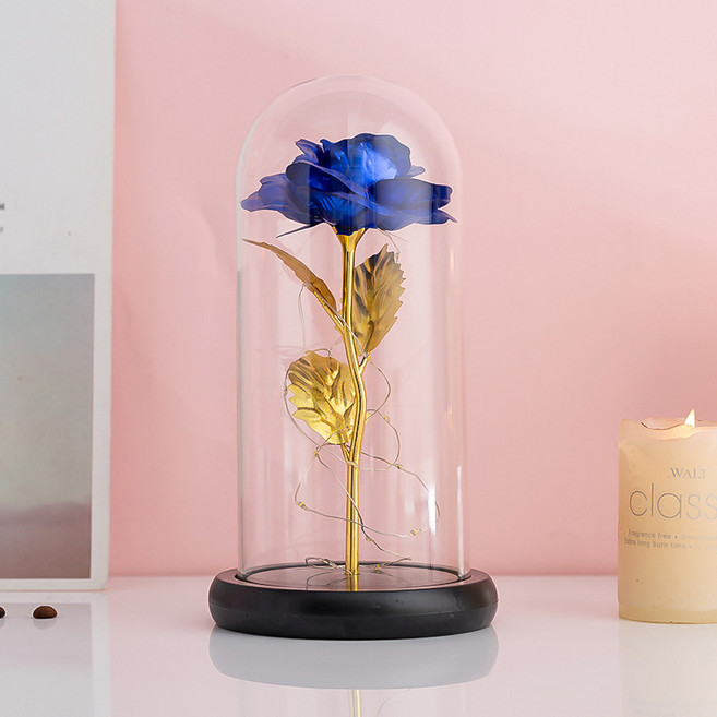 Clybo 영생화 유리커버 장미꽃 발광 크리스마스 발렌타인 선물, 블루+램프+받침