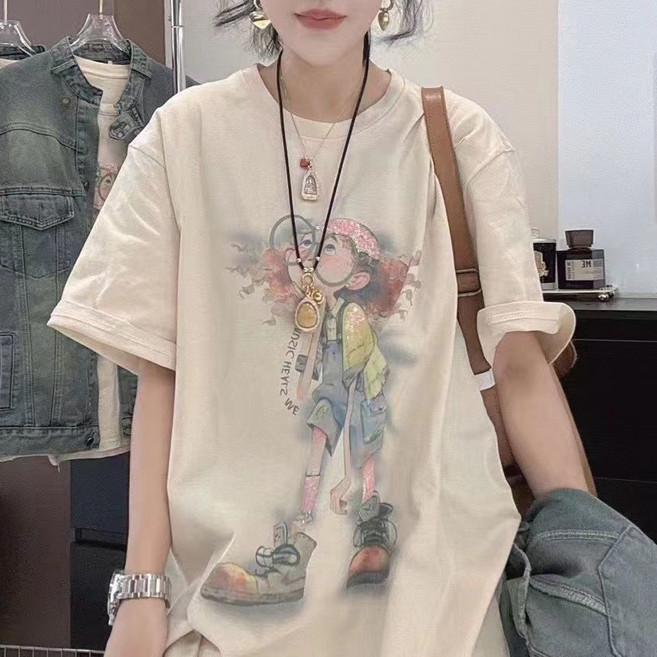 림블리 LB7029 순면 소녀 캐릭터 프린팅 나염 오버핏 박스핏 반팔티셔츠