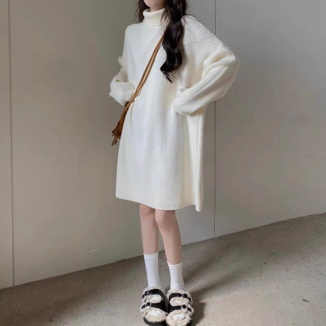 JDUDS 韓系高領針織連衣裙 秋冬寬鬆毛衣洋裝, 白色,均碼(建議體重40-65公斤)