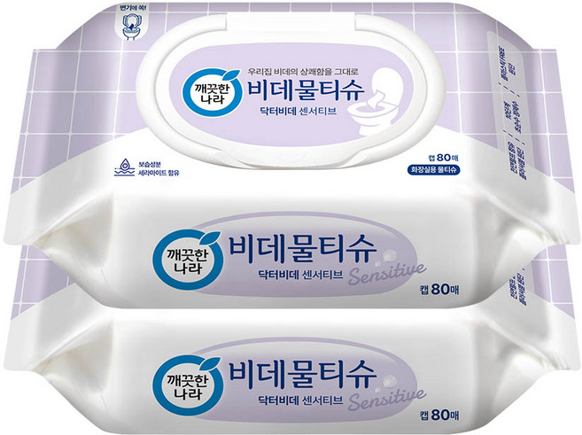깨끗한나라 닥터비데 센서티브 화장실용 비데물티슈 캡형, 55g, 80매, 2개