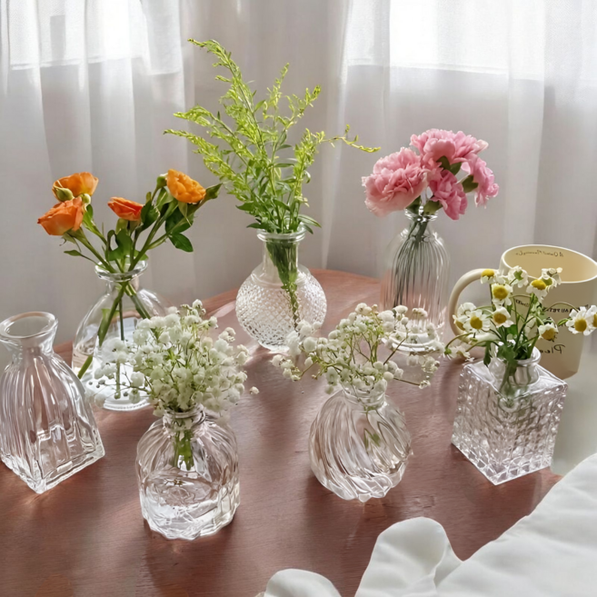빈티지 투명 유리 꽃병 세트 7pcs 센터피스 다용도 인테리어 장식, 클리어