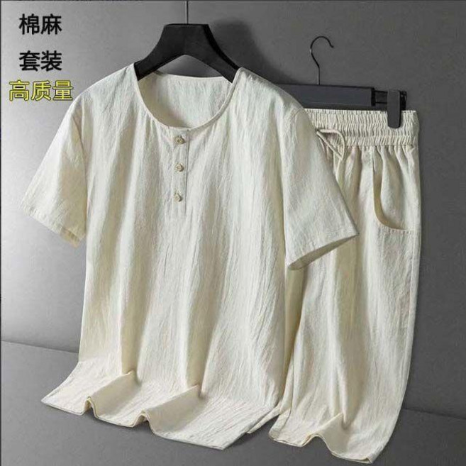 男士夏季寬鬆棉麻短袖套裝