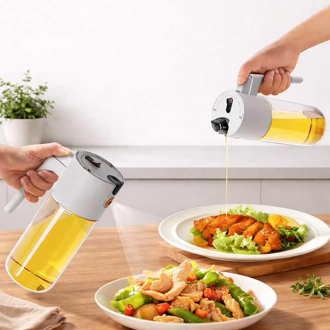 프리미엄 2way 오일 스프레이 유리 오일병 간편 리필 다용도 양념병 소스병, 1개, 600ml