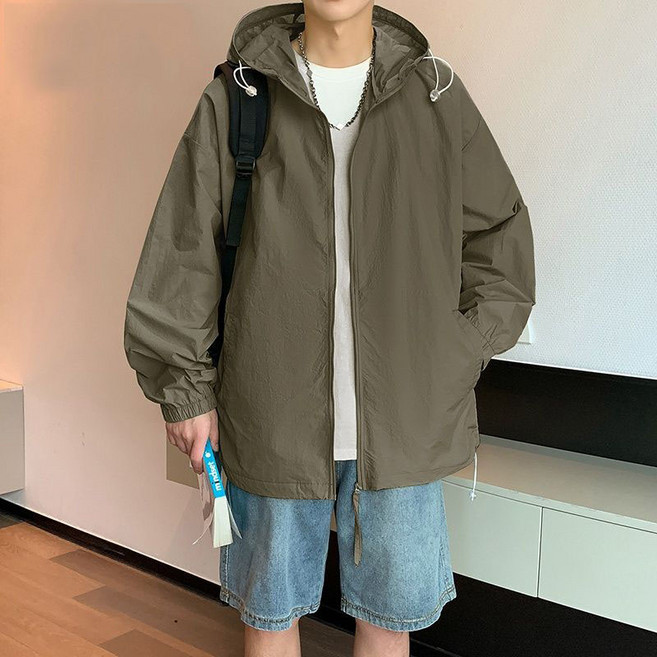 남성 자외선차단 바람막이 후드 집업 자켓 캐주얼 루즈 핏 큰사이즈 바람막이 JS, 다크 그린