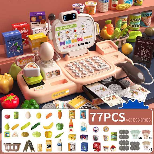 兒童超市收銀機玩具 寶寶仿真多功能收銀臺女孩過家家套裝3-6歲5, 1個, 888-114粉【智能語音識別摺疊收銀機】:常規款