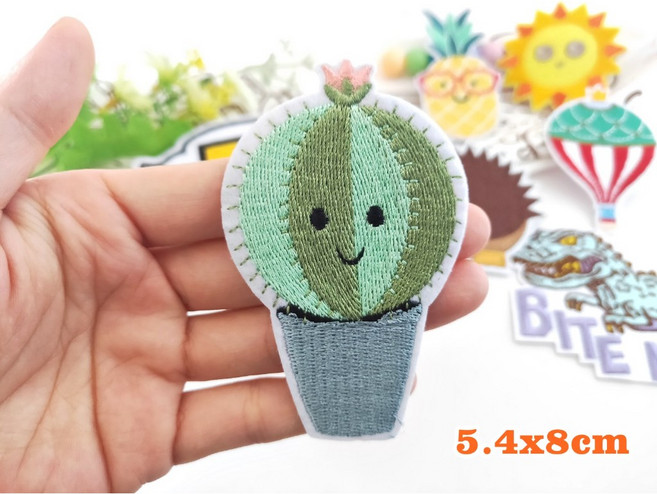 皮卡布 刺繡布貼 熨燙徽章 刺蝟 熱氣球 恐龍 燙貼布, 1個, 2號-仙人掌,熱熔膠