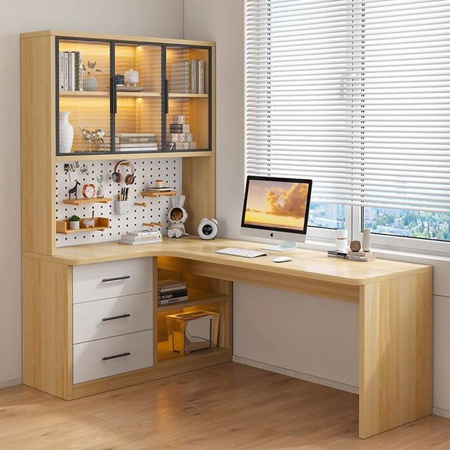 심플 코너형 일체형 컴퓨터책상 책상책장 세트 홈오피스 서재 인테리어 가구, 원목색+왼쪽 책장